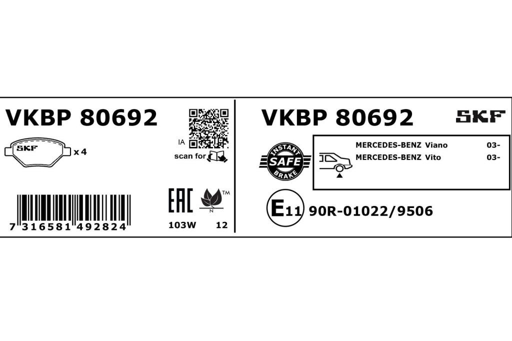 Jogo de 4 pastilhas de travão SKF ref. VKBP 80692